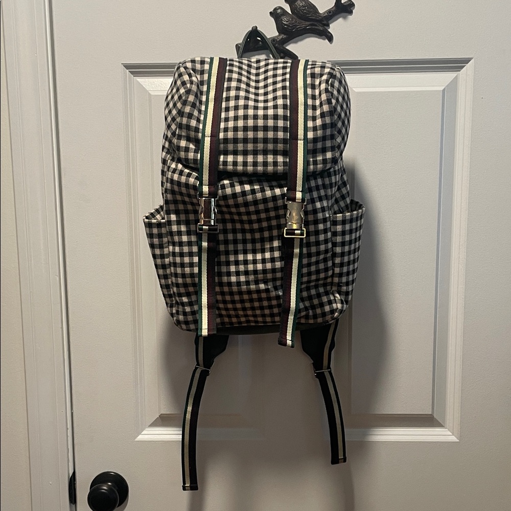 Baum Und Pferdgarten Checkered Backpack with Green Leather Accents